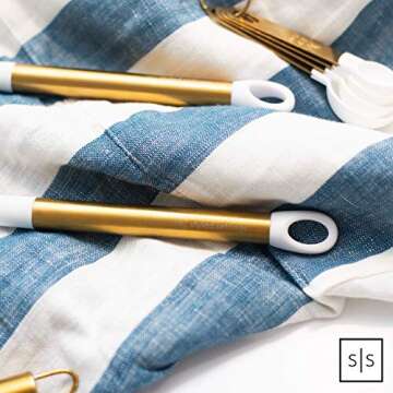 White and Gold Cooking Utensils with Holder - 18 PC Gold Kitchen Utensils Set Includes White Cooking Utensils, Gold Utensil Holder, White & Gold Measuring Cups and Spoons - Gold Kitchen Accessories