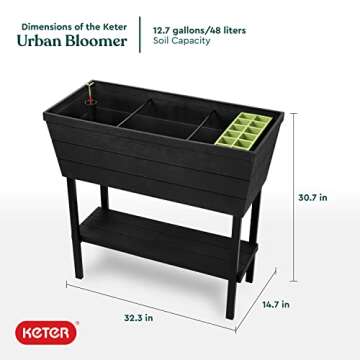 Keter Urban Bloomer 12.7 Gallon Raised Garden Bed and Outdoor Herb Garden Planter with Self Watering Gauge and Drainage Plug, Dark Grey