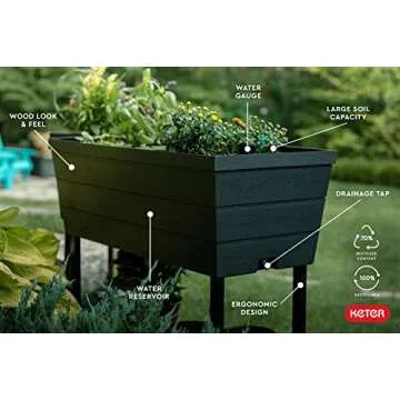 Keter Urban Bloomer 12.7 Gallon Raised Garden Bed and Outdoor Herb Garden Planter with Self Watering Gauge and Drainage Plug, Dark Grey