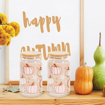 Whaline 2 Pack Fall Pumpkin Drinking Glasses 16oz Set