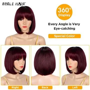 NOBLE HAIR Straight Bob Wigs with Bangs None Lace Front Wigs Machine Made Short Bob Human Hair Wigs for Black Women Glueless Brazilian Virgin Human Hair (8 Inch, TT1B/99J)