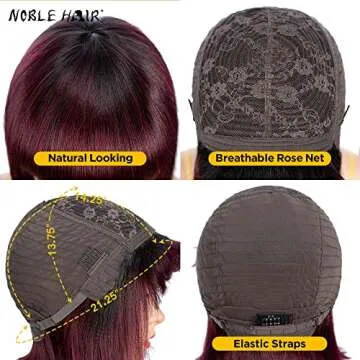 NOBLE HAIR Straight Bob Wigs with Bangs None Lace Front Wigs Machine Made Short Bob Human Hair Wigs for Black Women Glueless Brazilian Virgin Human Hair (8 Inch, TT1B/99J)