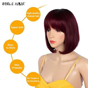 NOBLE HAIR Straight Bob Wigs with Bangs None Lace Front Wigs Machine Made Short Bob Human Hair Wigs for Black Women Glueless Brazilian Virgin Human Hair (8 Inch, TT1B/99J)