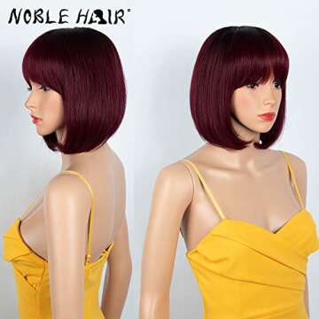 NOBLE HAIR Straight Bob Wigs with Bangs None Lace Front Wigs Machine Made Short Bob Human Hair Wigs for Black Women Glueless Brazilian Virgin Human Hair (8 Inch, TT1B/99J)