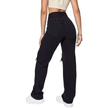 SweatyRocks Women's Casual Loose Ripped Denim Pants Distressed Wide Leg Jeans Black M