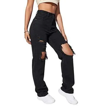 SweatyRocks Women's Casual Loose Ripped Denim Pants Distressed Wide Leg Jeans Black M