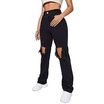 SweatyRocks Women's Casual Loose Ripped Denim Pants Distressed Wide Leg Jeans Black M