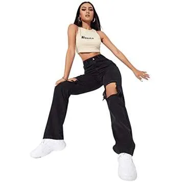 SweatyRocks Women's Casual Loose Ripped Denim Pants Distressed Wide Leg Jeans Black M