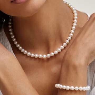 The Pearl Source Real Pearl Necklace for Women with AAA+ Quality Round White Freshwater Genuine Cult...