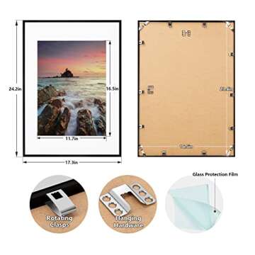 POUKROO A2 Poster Frame,16.5x23.4 Black Thin Aluminum Picture Frames with Polished Plexiglass,Easy to Hang,Display Picture A2 without Mat or A3 with Mat for Wall Mounting Horizontally and Vertically