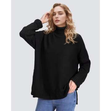 Ymomode Women's Turtleneck Oversized Sweaters Batwing Sleeve Spilt Casual Loose Knit Tunic Pullover Sweater Tops 2024 Fall Outfits M Black