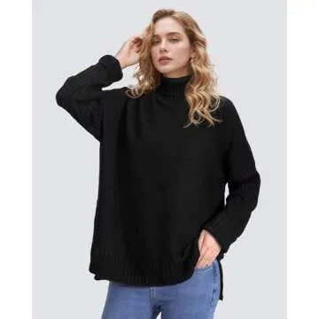 Ymomode Women's Turtleneck Oversized Sweaters Batwing Sleeve Spilt Casual Loose Knit Tunic Pullover Sweater Tops 2024 Fall Outfits M Black