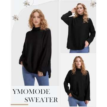 Ymomode Women's Turtleneck Oversized Sweaters Batwing Sleeve Spilt Casual Loose Knit Tunic Pullover Sweater Tops 2024 Fall Outfits M Black