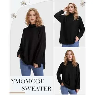 Ymomode Women's Turtleneck Oversized Sweaters Batwing Sleeve Spilt Casual Loose Knit Tunic Pullover Sweater Tops 2024 Fall Outfits M Black
