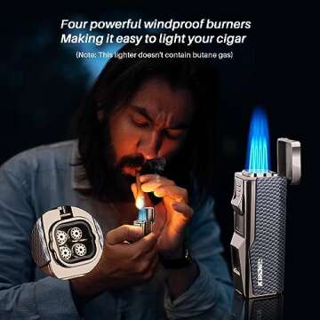All-in-one Cigar Lighter with V Cigar Cutter, Built-in Cigar Punch, Cigar Holder, Quad Windproof Jet...