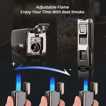 All-in-one Cigar Lighter with V Cigar Cutter, Built-in Cigar Punch, Cigar Holder, Quad Windproof Jet Flame, 4 in 1 Refillable Torch Lighter Set with Gift Box, Cool lighters for Smoking, Birthday