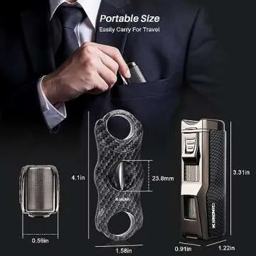 All-in-one Cigar Lighter with V Cigar Cutter, Built-in Cigar Punch, Cigar Holder, Quad Windproof Jet Flame, 4 in 1 Refillable Torch Lighter Set with Gift Box, Cool lighters for Smoking, Birthday