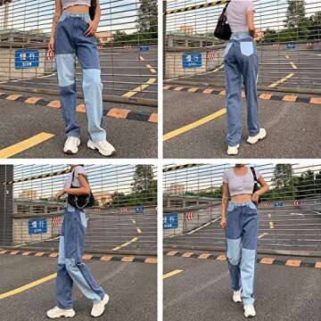 Women Patchwork Jeans High Waisted Straight Leg Stretch Denim Pants Girls Fashion Color Block Patch Jeans
