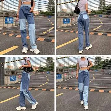 Women Patchwork Jeans High Waisted Straight Leg Stretch Denim Pants Girls Fashion Color Block Patch Jeans