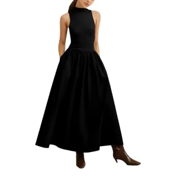 Lauweion Women's Sleeveless Turtleneck Maxi Dress Patchwork Casual Solid Flowy Mock Neck Tank Top Dr...