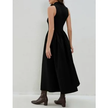Lauweion Women's Sleeveless Turtleneck Maxi Dress Patchwork Casual Solid Flowy Mock Neck Tank Top Dress with Pockets Black
