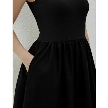 Lauweion Women's Sleeveless Turtleneck Maxi Dress Patchwork Casual Solid Flowy Mock Neck Tank Top Dress with Pockets Black