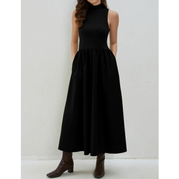 Lauweion Women's Sleeveless Turtleneck Maxi Dress Patchwork Casual Solid Flowy Mock Neck Tank Top Dress with Pockets Black