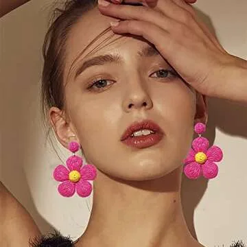 Vogueknock Rattan Earrings for Women Statement Boho Raffia Straw Wrapped Flower Drop Dangle Earrings...