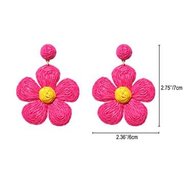 Vogueknock Rattan Earrings for Women Statement Boho Raffia Straw Wrapped Flower Drop Dangle Earrings Summer Tropical Beach Jewelry Hot Pink