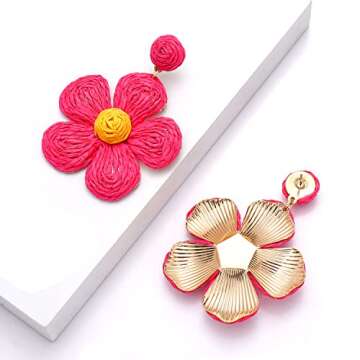 Vogueknock Rattan Earrings for Women Statement Boho Raffia Straw Wrapped Flower Drop Dangle Earrings Summer Tropical Beach Jewelry Hot Pink