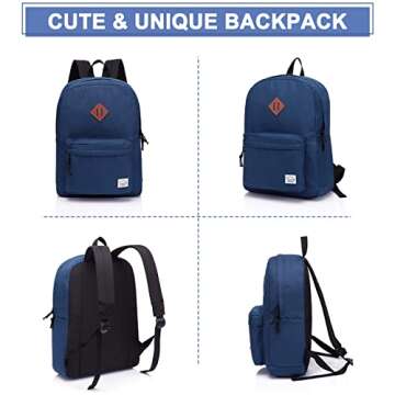 VASCHY Lightweight Backpack for School, Classic Basic Water Resistant Casual Daypack for Travel with Bottle Side Pockets (Navy)