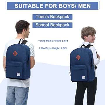 VASCHY Lightweight Backpack for School, Classic Basic Water Resistant Casual Daypack for Travel with Bottle Side Pockets (Navy)