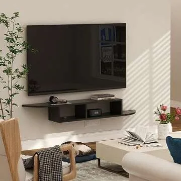 GHC Floating TV Stand, Wall Mounted Entertainment Center and Cabinet Shelf, TV Console with Storage, Media Console for DVD Player, Space-Saving Under TV Shelf for Bedroom, Living Room (Black)