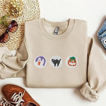 Spooky Ghost Pumpkin Embroidered Sweatshirt for Halloween