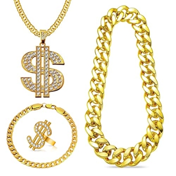 Acruccen 80s 90s Hip Hop Costume Jewelry Set with Dollar Sign Necklace and Ring