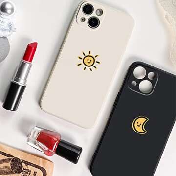 Casechics Compatible with iPhone Case,Silicone Cute Couple Matching Cartoon Sun Moon Camera Lens Protection Soft Shockproof Cover Phone Case (Whitesun,iPhone 13)