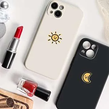 Casechics Compatible with iPhone Case,Silicone Cute Couple Matching Cartoon Sun Moon Camera Lens Protection Soft Shockproof Cover Phone Case (Whitesun,iPhone 13)