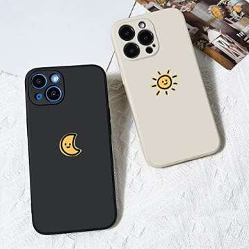 Casechics Compatible with iPhone Case,Silicone Cute Couple Matching Cartoon Sun Moon Camera Lens Protection Soft Shockproof Cover Phone Case (Whitesun,iPhone 13)