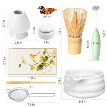Matcha Whisk Set and Bowl, Matcha Making Kit Whisk, Bowl With Spout, Powder Starter Sifter, Ceramic Whisk Holder, Spoon Japanese Tea Tools For Ceremony Gift (White, 9 Pack)