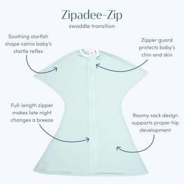 SleepingBaby Zipadee-Zip Transitional Swaddle Sack, 6-12 Month - Roomy Zipper Swaddle for Easy Diape...