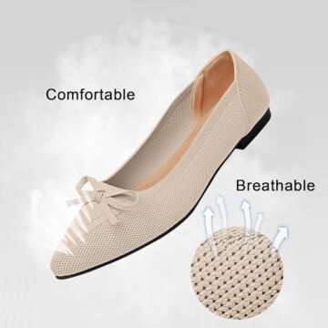 TINGRISE Women's Flats Pointed Toe Bow Knit Ballet Shoes Comfortable Dressy Mesh Slip On Flat Begie ...