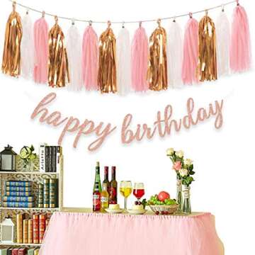 Aonor Rose Gold Birthday Party Decorations - Glittery Rose Gold Happy Birthday Banner and Tissue Paper Tassels Garland for Birthday Decorations