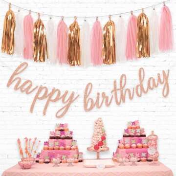 Aonor Rose Gold Birthday Party Decorations - Glittery Rose Gold Happy Birthday Banner and Tissue Paper Tassels Garland for Birthday Decorations