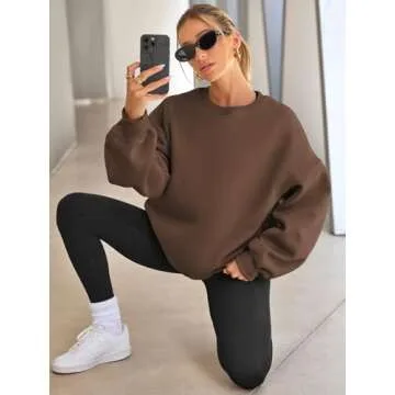 EFAN Womens Oversized Sweatshirts Hoodies Fleece Crewneck Sweaters Casual Tops Comfy Fall Fashion Outfits Winter Clothes 2025 Brown M