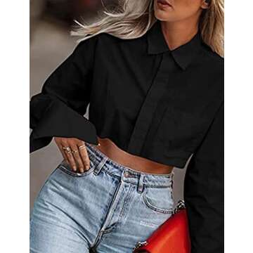 MISSACTIVER Women Solid Long Sleeve Button Up Crop Shirt Turn-Down Collar Irregular Loose Fitting Fa...