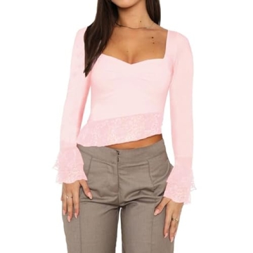 Trendy Women Lace Long Sleeve Crop Top with Charming Lace Trim