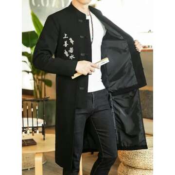 BoShiNuo Chinese Style Long Windbreaker Jacket Men Streetwear Oriental Clothes Men Hip Hop Chinese Mandarin Jacket Coat Black_c XS