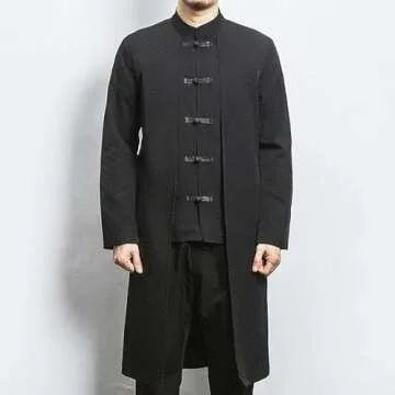 BoShiNuo Chinese Style Long Windbreaker Jacket Men Streetwear Oriental Clothes Men Hip Hop Chinese Mandarin Jacket Coat Black_c XS