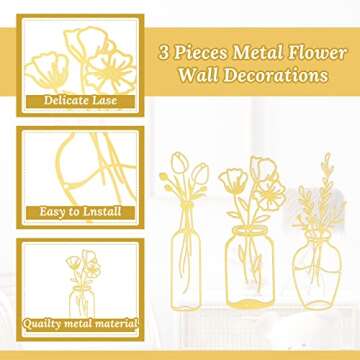 Hotop 3-Piece Metal Floral Wall Art for Modern Décor
