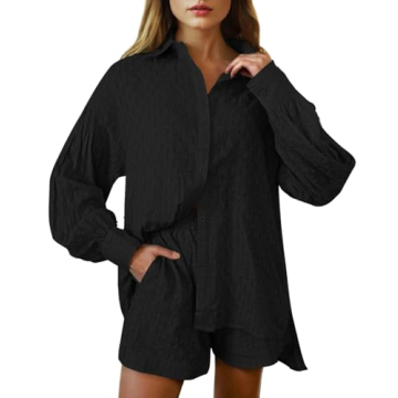 HAPCOPE Women's 2 Piece Outfits Oversized Long Puff Sleeve Blouse Shirt High Waisted Side Pocket Shorts Set